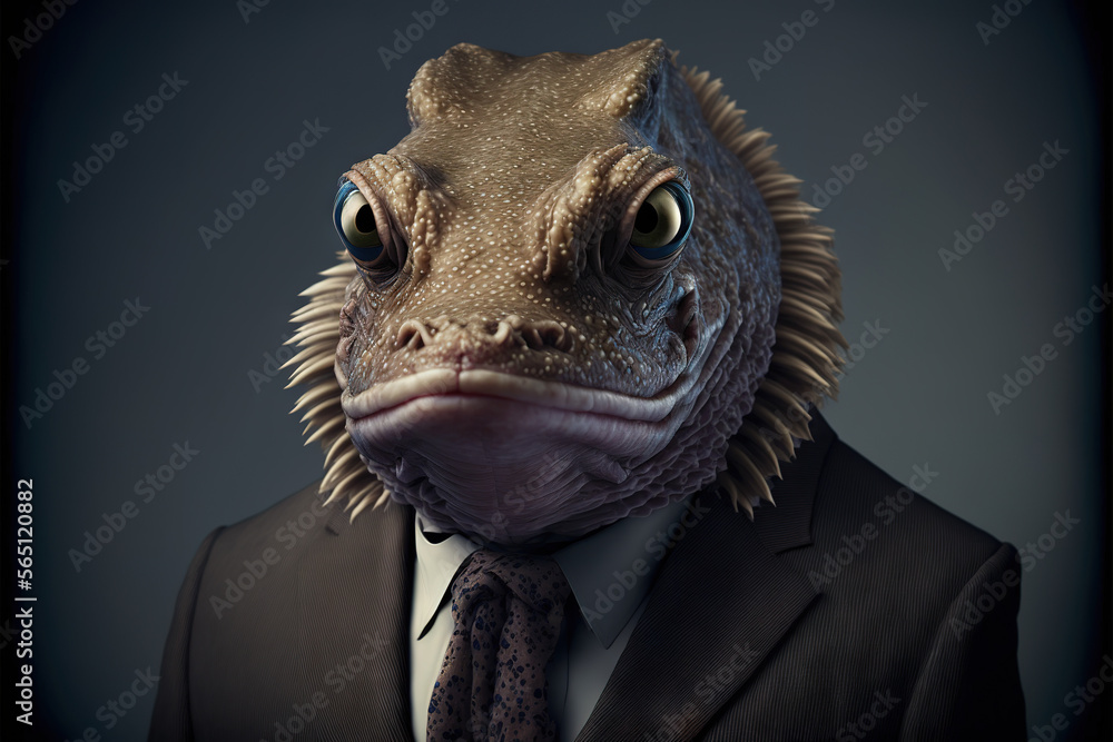 Portrait of a toadfish in suit man suit against gray background. AI illustration Portrait of a toadfish in suit man suit against gray background. AI illustration