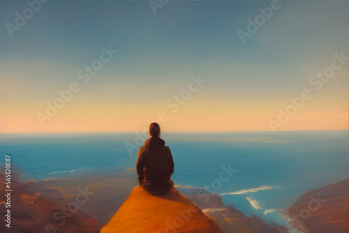 Fototapeta Person sits on a cliff and looks out at the ocean below