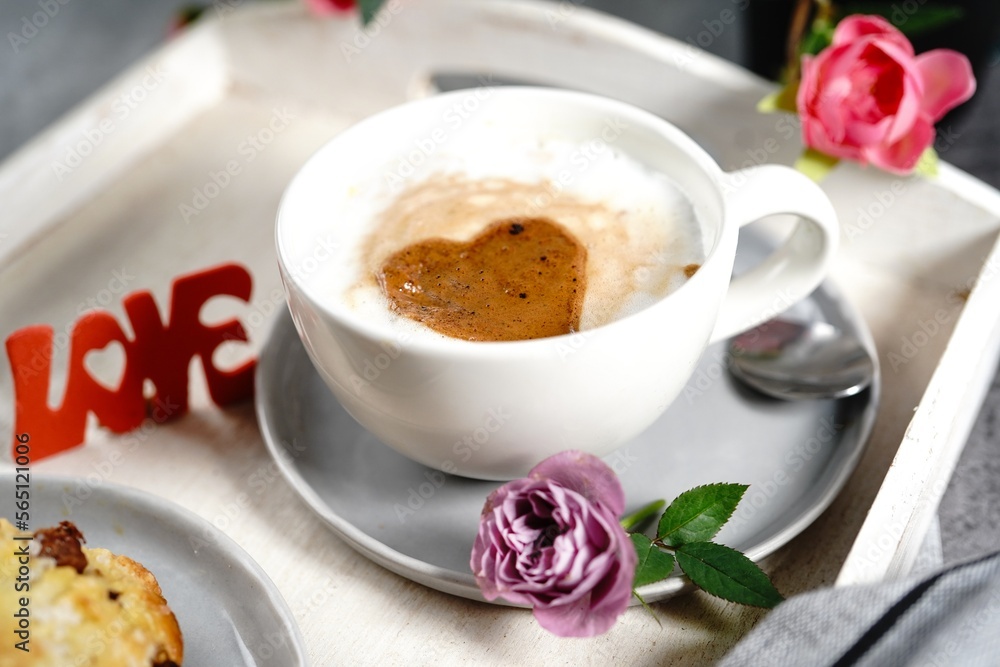 Valentines day breakfast Cappuccino heart served with scones Valentines day breakfast Cappuccino heart served with scones
