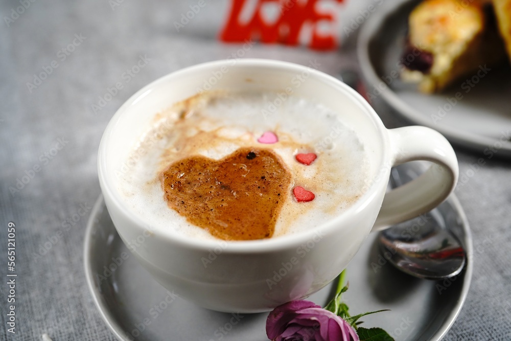 Valentines day breakfast Cappuccino heart served with scones Valentines day breakfast Cappuccino heart served with scones