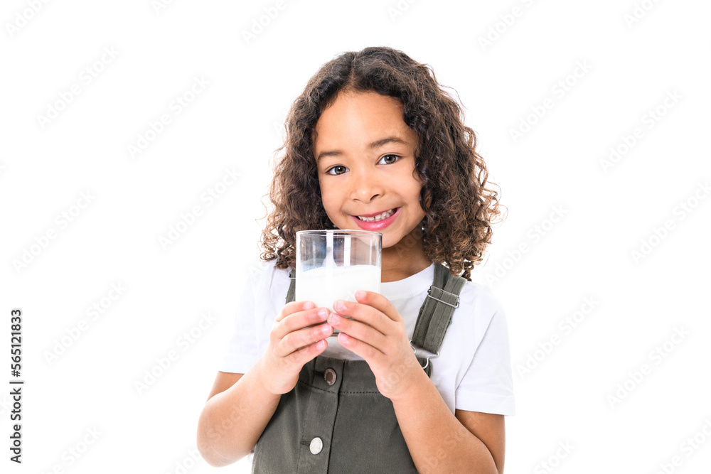 Adorable black little girl with beautiful curly hairstyle isolated over white with milk glass on hand Adorable black little girl with beautiful curly hairstyle isolated over white with milk glass on hand