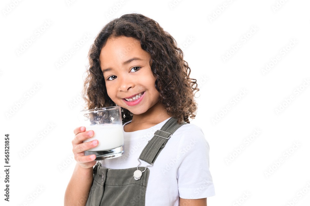 Adorable black little girl with beautiful curly hairstyle isolated over white with milk glass on hand Adorable black little girl with beautiful curly hairstyle isolated over white with milk glass on hand