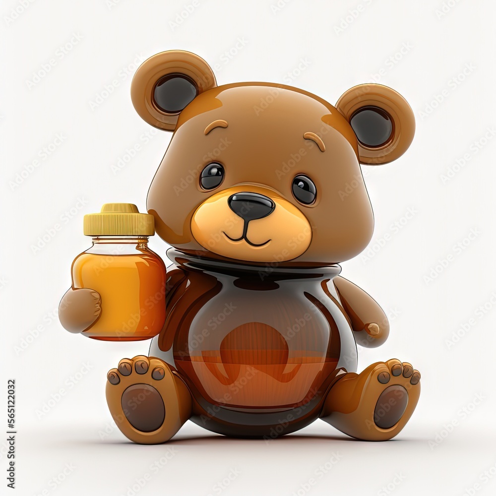 a brown bear holding a jar of honey and a bottle of honey in its paws ...