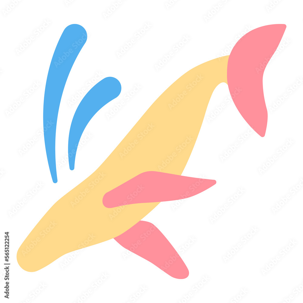Fototapeta premium Big whale, sperm whale jumping into the water, splashing water - icon, illustration on white background, flat color style