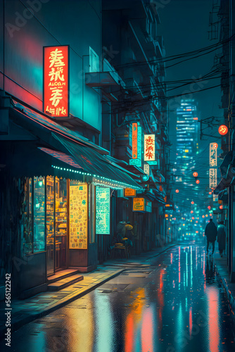 Streets of Tokyo city night, neon lights, hand drawn illustration Generative AI 