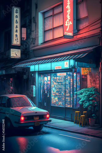 Streets of Tokyo city night, neon lights, hand drawn illustration Generative AI 