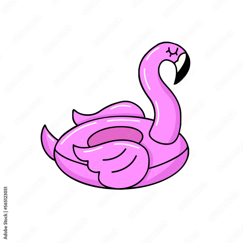 Cute pink flamingo inflatable pool float cartoon vector illustration mascot rubber ring sea ocean river animal isolated on white background Cute pink flamingo inflatable pool float cartoon vector illustration mascot rubber ring sea ocean river animal isolated on white background