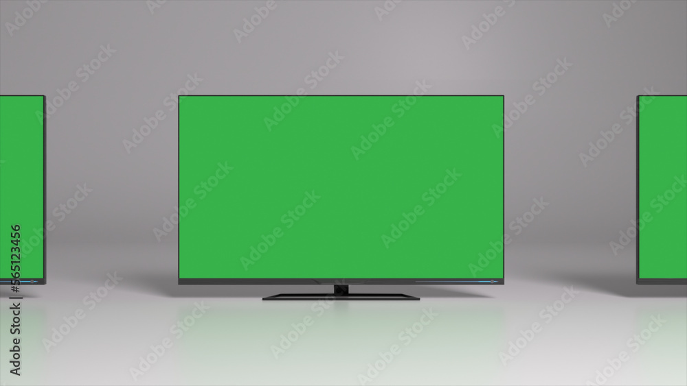 Fototapeta premium Green background. TV screens with chrome key. Empty space to insert. 3d illustration