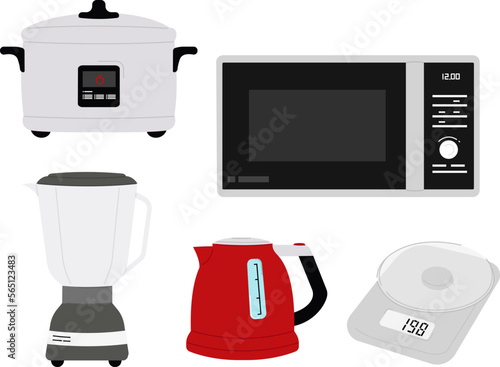 Kitchen appliances vector image, kitchen scales, mixer, multicooker, microwave oven, electric kettle