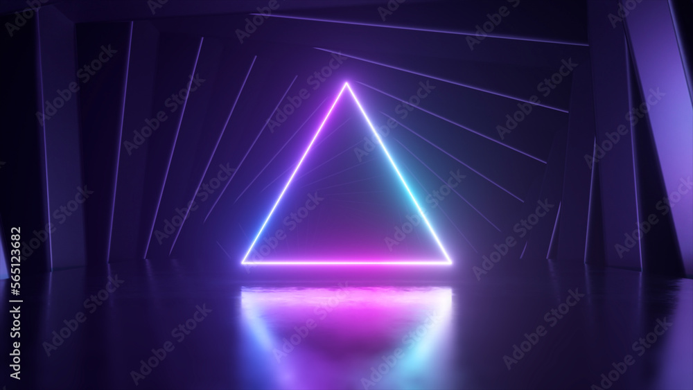 The entrance to the tunnel is in the form of a neon triangle. Square frames rotate. Futuristic background. The entrance to the tunnel is in the form of a neon triangle. Square frames rotate. Futuristic background.