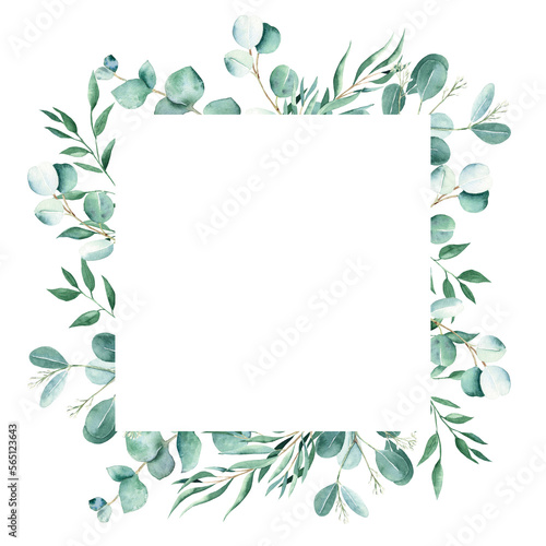 Watercolor square frame with eucalyptus and pistachio branches. Hand drawn botanical illustration isolated on white background. Can be used for logo design, as invitation card for wedding, birthday © Tatiana