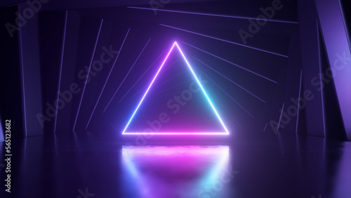 The entrance to the tunnel is in the form of a neon triangle. Square frames rotate. Futuristic background.