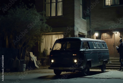 A mysterious van parked at night. Made with Generative AI. 