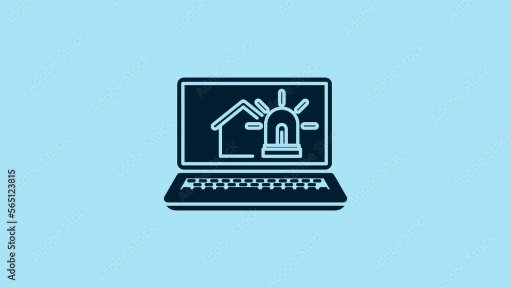 Blue Laptop with smart house and alarm icon isolated on blue background. Security system of smart home. 4K Video motion graphic animation Blue Laptop with smart house and alarm icon isolated on blue background. Security system of smart home. 4K Video motion graphic animation