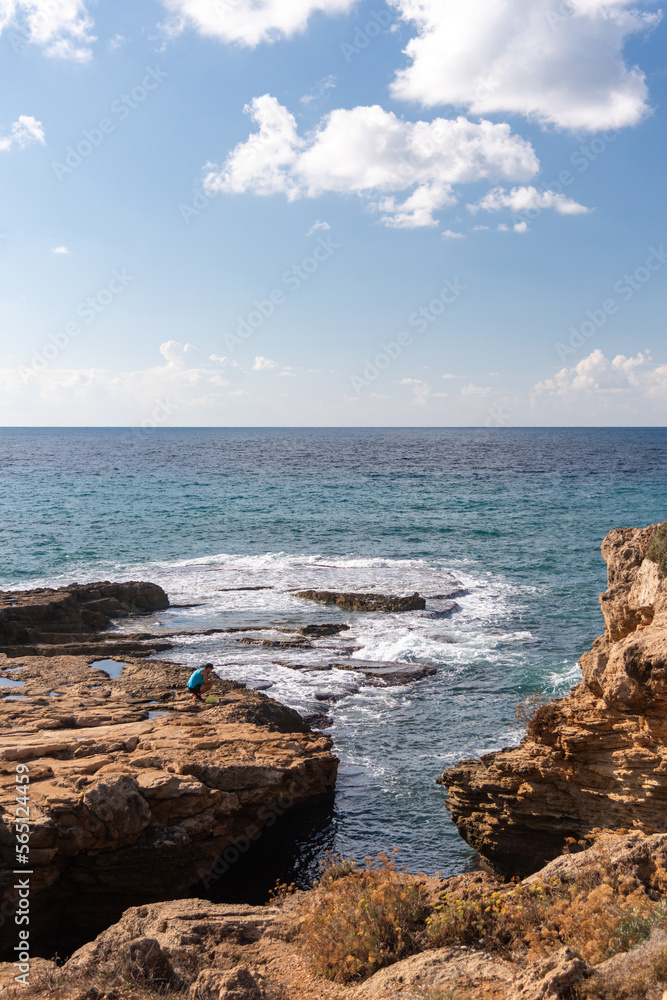 Rosh Hanikra grottoes rocks and caves famous nature tourist site (attraction) in north-western Israel (Galilee region), near Nahariya, in Mediterranean Sea. geological creation in coastline (shore)