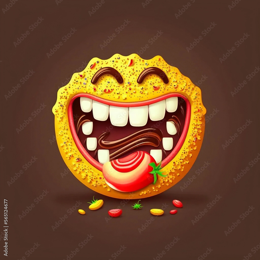 Obraz premium Yummy smile. Delicious, tasty eating emoji face eat with mouth and tongue gourmet enjoying taste 
