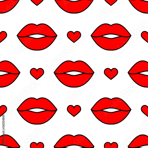 Red lips and hearts. Seamless vector pattern on the white background. Fashion background for modern designs  creatives for Valentine s Day  prints  textiles  fabrics  wallpapers  and wrappings.