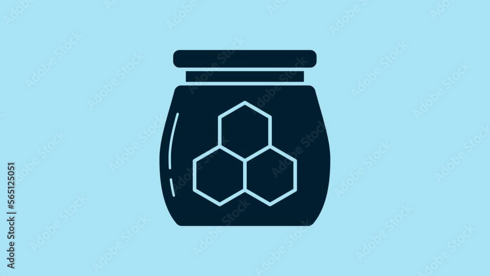 Blue Jar of honey icon isolated on blue background. Food bank. Sweet natural food symbol. 4K Video motion graphic animation Blue Jar of honey icon isolated on blue background. Food bank. Sweet natural food symbol. 4K Video motion graphic animation