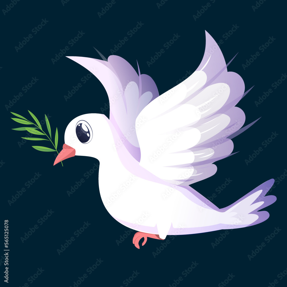 Vector white dove with an olive branch in its beak soars in the sky. The dove of peace flaps its magnificent wings Vector white dove with an olive branch in its beak soars in the sky. The dove of peace flaps its magnificent wings