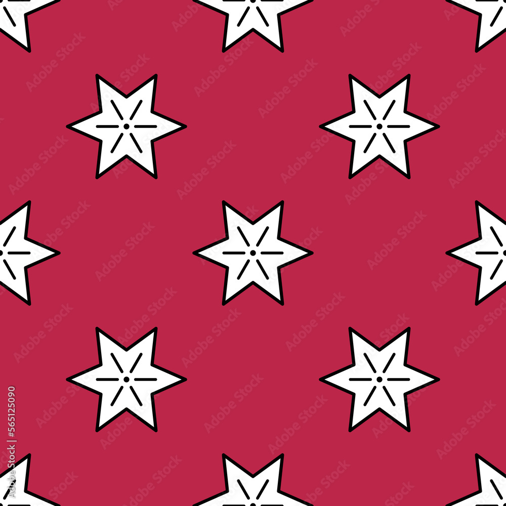 Seamless vector pattern with snowflakes. White stars with black strokes on the magenta background. Modern design for festive decorations, greeting cards, packaging designs, wallpapers, prints and web. Seamless vector pattern with snowflakes. White stars with black strokes on the magenta background. Modern design for festive decorations, greeting cards, packaging designs, wallpapers, prints and web.