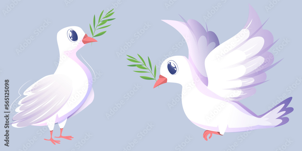 Vector white doves with a purple tint on their wings hold an olive branch in their beaks. One dove soars in the sky, the other dove stands with its wings folded Vector white doves with a purple tint on their wings hold an olive branch in their beaks. One dove soars in the sky, the other dove stands with its wings folded