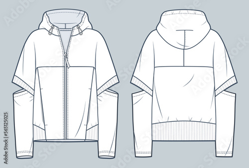 Hooded Jacket technical fashion illustration. Hoodie Sweatshirt fashion flat technical drawing template, pocket, transformer, zip-up, front and back view, white, women, men, unisex CAD mockup.