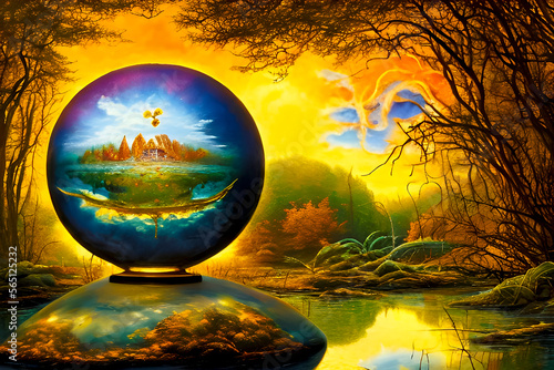 secrecy in a glass globe floating on a woodland