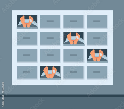 Interior of morgue. Dead bodies laying in the mortuary.Mortuary room 2D cartoon interior with wheeled bed and equipment for autopsy and embalming on background. Flat cartoon vector illustration