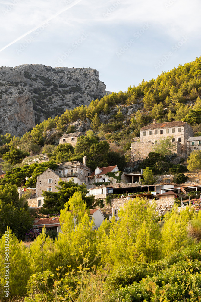 Small houses with vineyards, hidden by green pine trees under steep, sharp rocks of Vidova Gora, the highest mountain on Brac island, Croatia