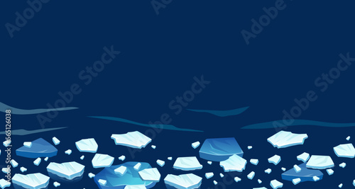 Atlantic, antarctic floes, glaciers and icebergs floating on surface. Isolated masses of cracked ice. Global warming, climate change. Frozen blue water. View from above.
