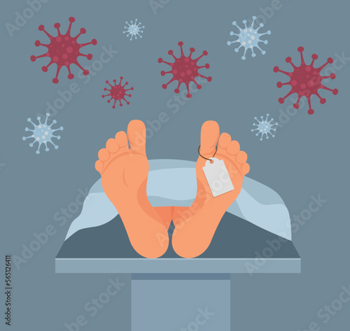 Interior of morgue. Dead bodies laying in the mortuary.Mortuary room 2D cartoon interior with wheeled bed and equipment for autopsy and embalming on background. Flat cartoon vector illustration