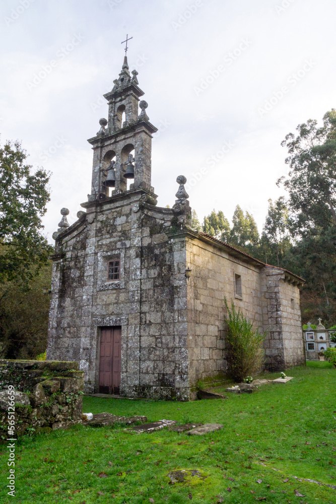 View of the facade of the Romanesque church of San Martiño de Gargantáns (12th-13th centuries). Pontevedra, Spain.