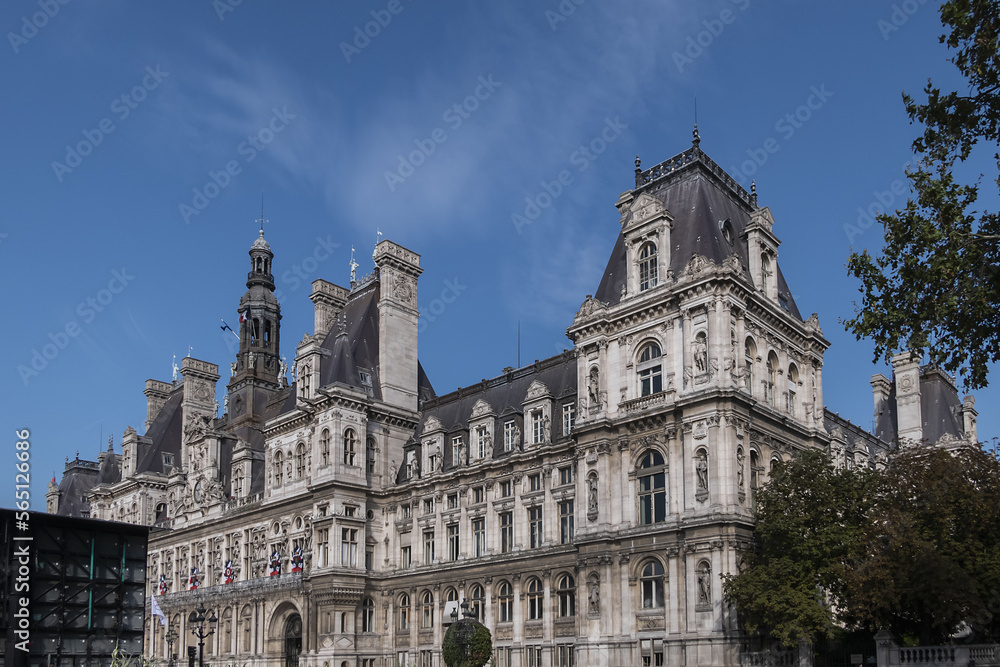 Architectural fragments of City Hall of Paris (Hotel de Ville de Paris) neo-renaissance style building - seat of the Paris City Council since 1357. Paris, France.