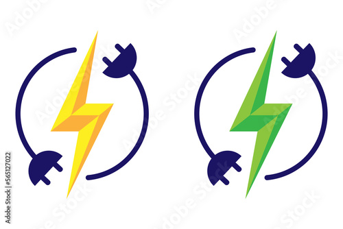 Electricity and power icons. Lightning bolt with power plug. Electricity logo.