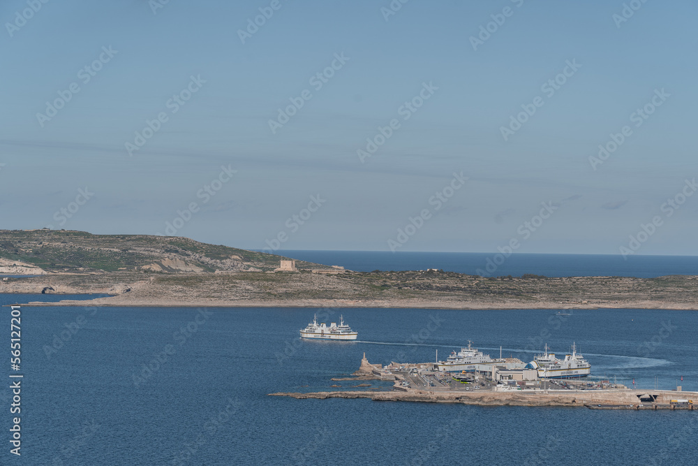 Distant view of the ferry boat running from Gozo to Cirkewwa