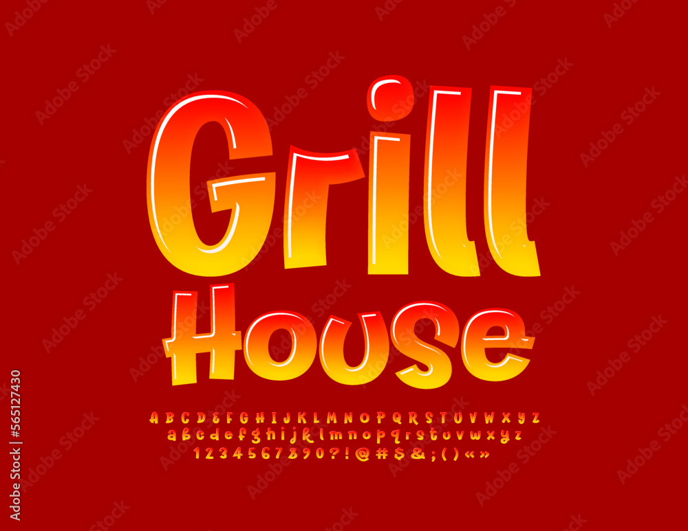 Vector trendy sign Grill House. Bright Funny Font. Glossy handwritten Artistic Alphabet Letters and Numbers set Vector trendy sign Grill House. Bright Funny Font. Glossy handwritten Artistic Alphabet Letters and Numbers set