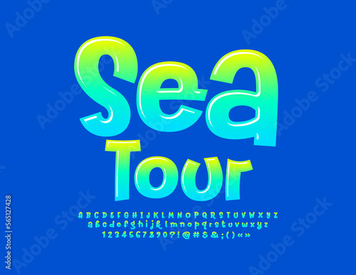 Vector travel emblem Sea Tour. Modern Glossy Font. Funny handwritten Alphabet Letters and Numbers set.