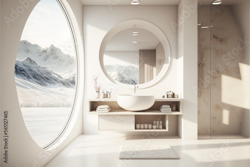 white minimalist modern luxury bathroom in Alps with sink and round windows and Italian faucet, generated by IA