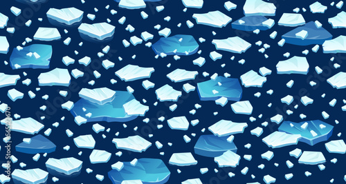 Atlantic, antarctic floes, glaciers and icebergs floating on surface. Isolated masses of cracked ice. Global warming, climate change. Frozen blue water. View from above. Seamless background.
