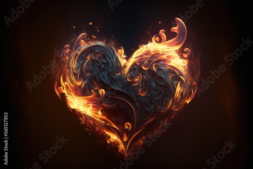 Burning heart made of hot liquid motion with purple flames on dark background. Heart in fire digital art