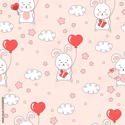 Cute Valentine day themed pattern with bunny characters and balloons, clouds and stars. Ornament for textile or print in childish style