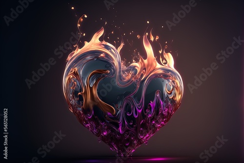 Purple burning heart made of hot liquid motion with purple flames on dark background.