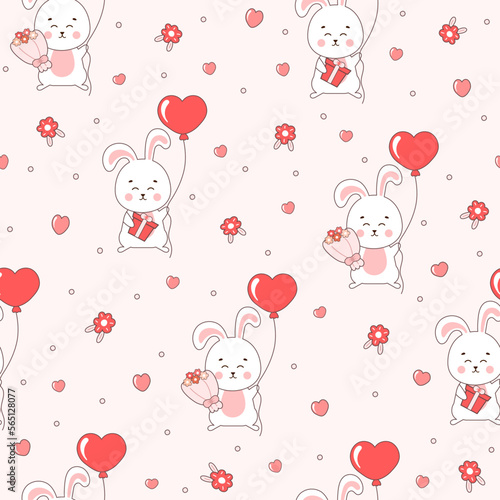 Cute Valentine day themed pattern with bunny characters and hear shaped balloons, flowers. Ornament for textile or print in childish style