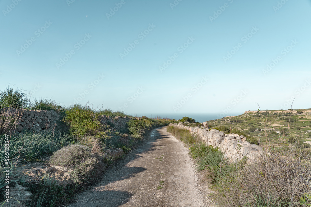 Fototapeta premium Peaceful farmroad leading to the mediterranean sea in Malta