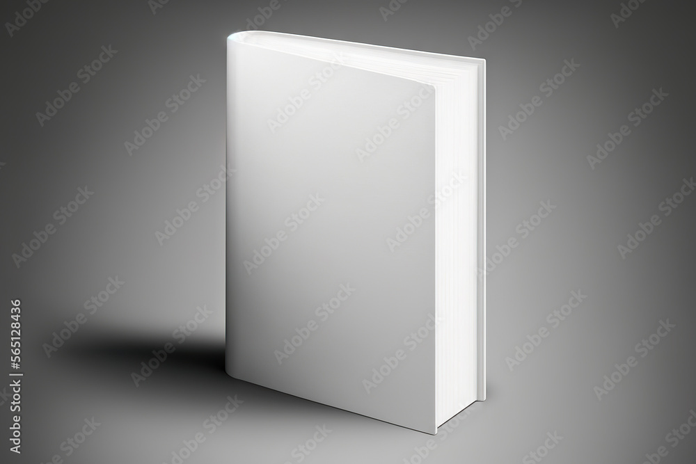 Blank white hard cover book mock-up on gray background. Based on Generative AI Blank white hard cover book mock-up on gray background. Based on Generative AI