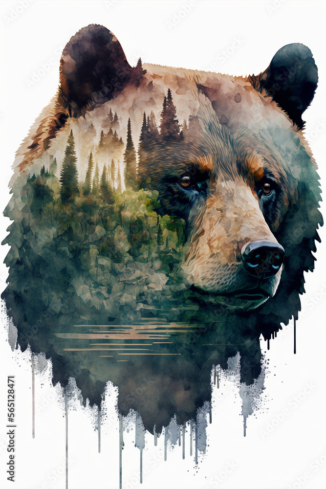 Watercolor painting of a forest inside the silhouette of a bear ...