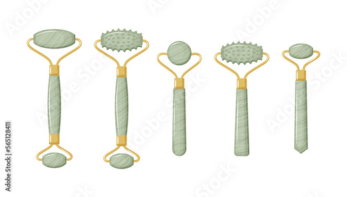 Collection of jade rollers for facial massage. Jade facial roller. Chinese gua sha massage. Skin care and morning routine. Vector illustration in a flat style.