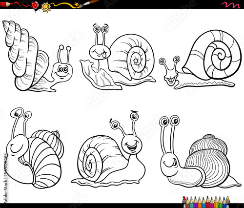 cartoon snails animal characters set coloring page