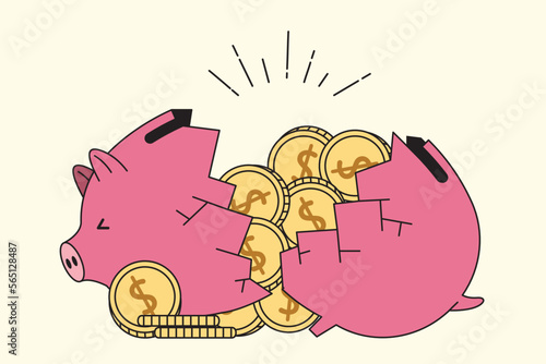 Breaking piggy bank with a lot of coins inside. Concept of saving money, investment, banking, financial management, profit, collecting money. Flat vector illustration cartoon.