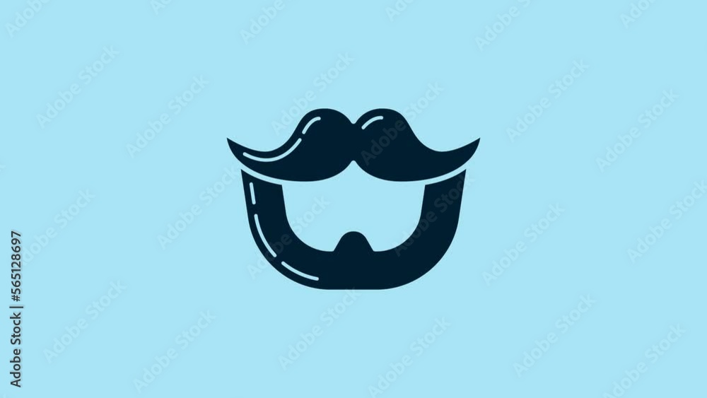 Blue Mustache and beard icon isolated on blue background. Barbershop symbol. Facial hair style. 4K Video motion graphic animation Blue Mustache and beard icon isolated on blue background. Barbershop symbol. Facial hair style. 4K Video motion graphic animation